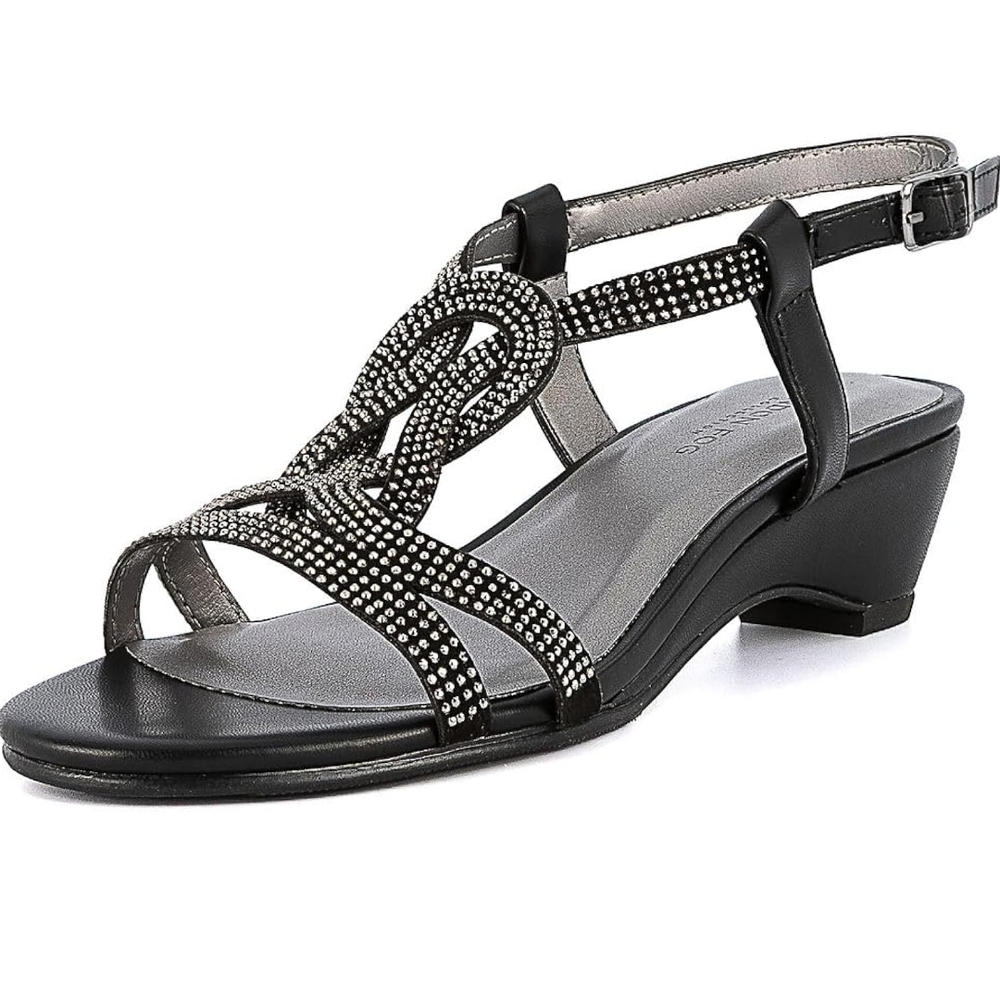 New London Fog Black Sandals with Rhinestone Embellishments